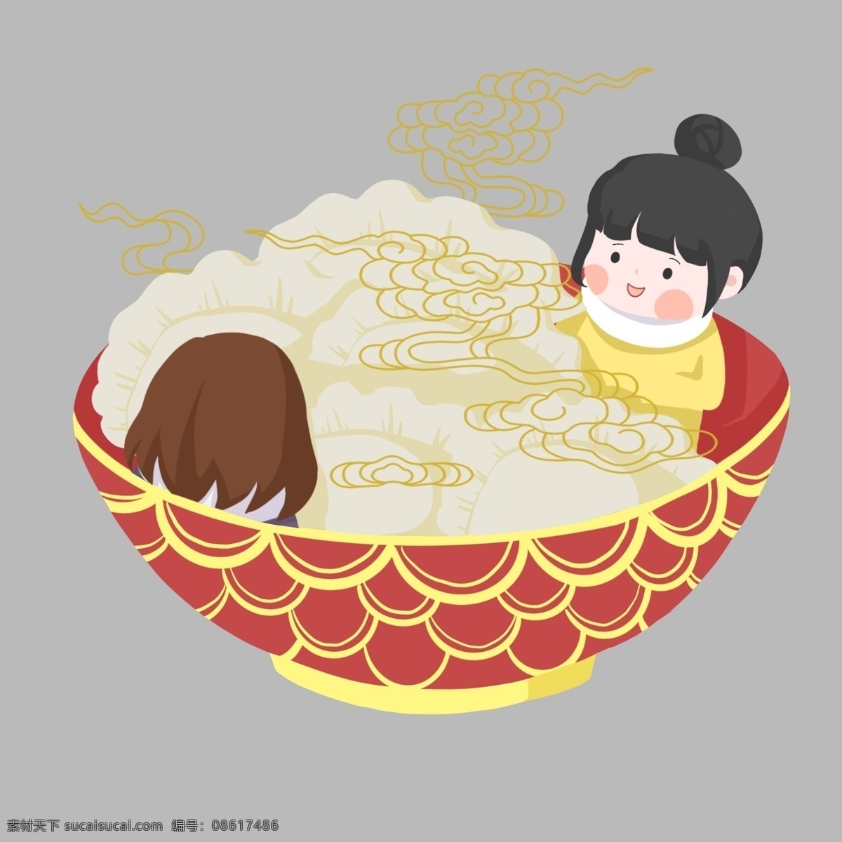 农历 新年 更 岁 交子 图 金色红色 大碗饺子 可爱丸子头 吉祥如意 新年快乐 新中国 风 花纹 碗 气氛欢乐