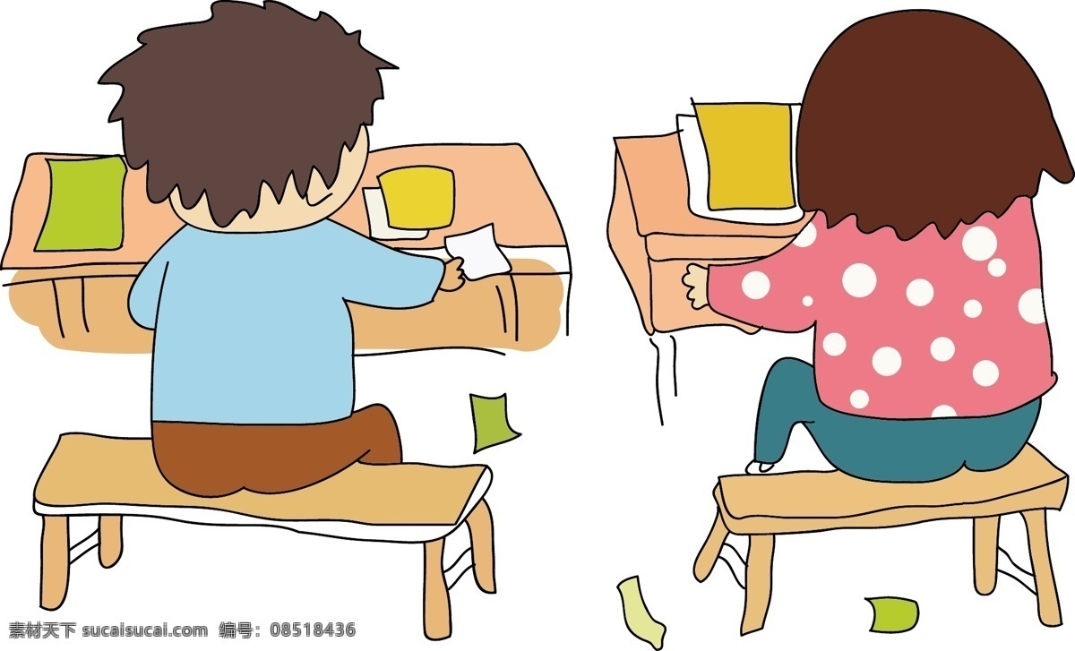 卡通 同桌 传 纸条 商用 元素 背影 男生 女生 传纸条