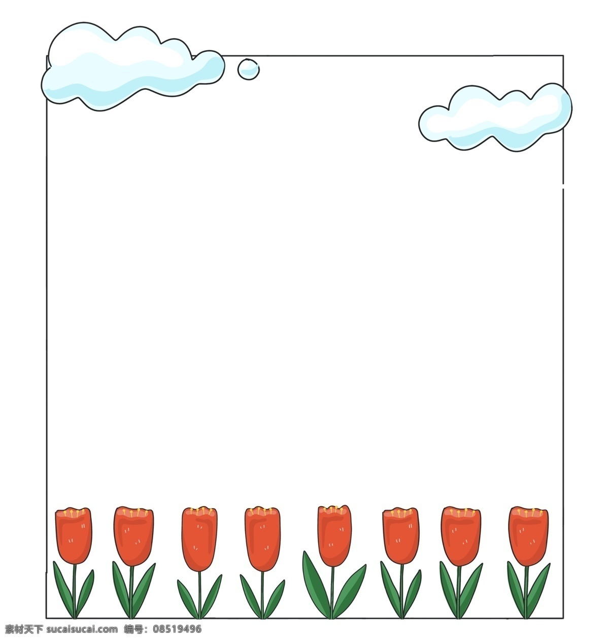红色 郁金香 边框 郁金香花朵 卡通边框 美丽边框 漂亮边框 小物边框 物品边框 白色的云朵