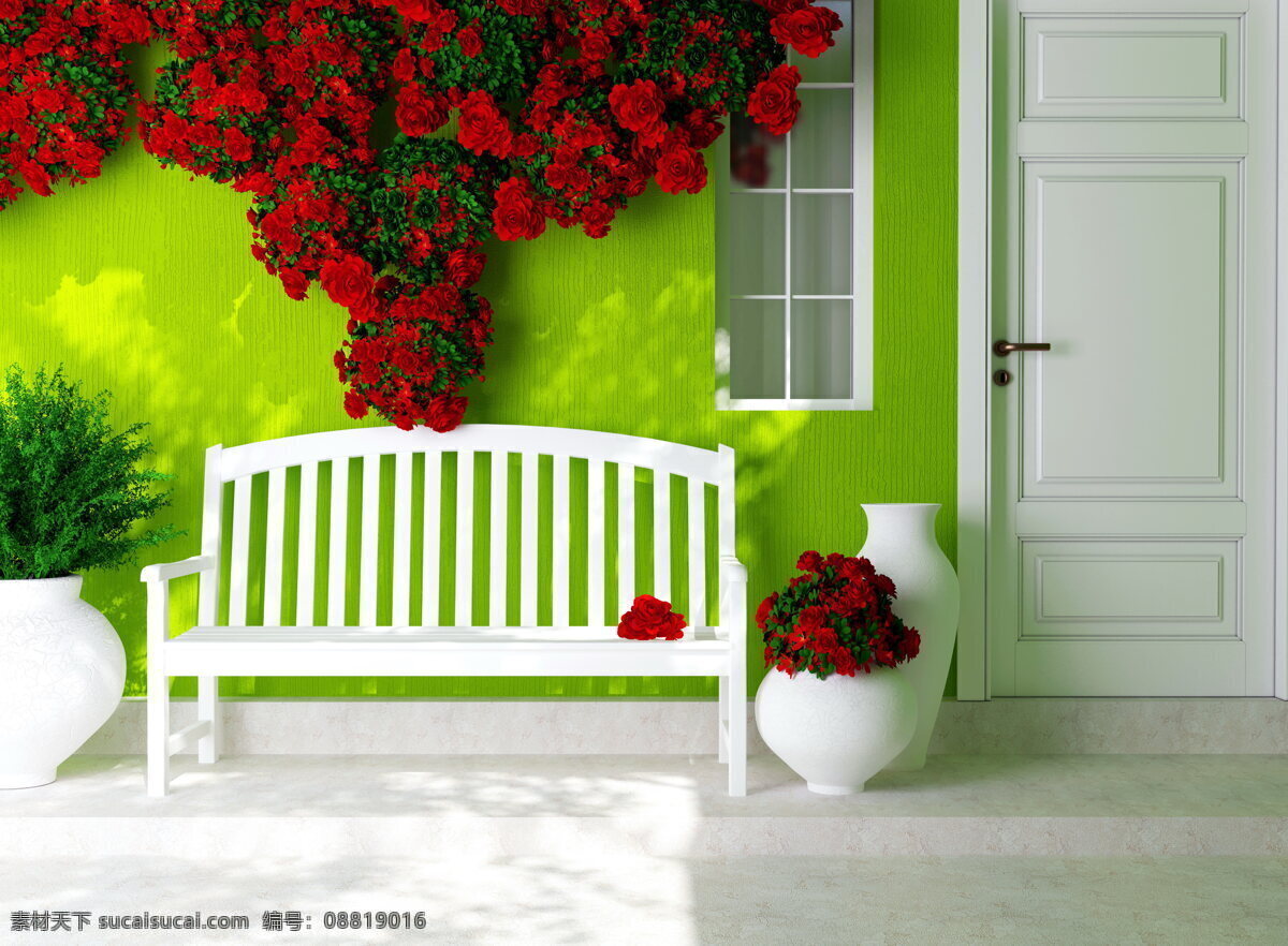 室内 长椅 墙壁 鲜花 布置 白色 插花 窗户 房门 红花 红色 木椅 椅子 家居 效果图 花瓶 花朵 花卉 花藤 绿色 墙面 组 装饰 装潢 环境设计 室内设计 家居装饰素材
