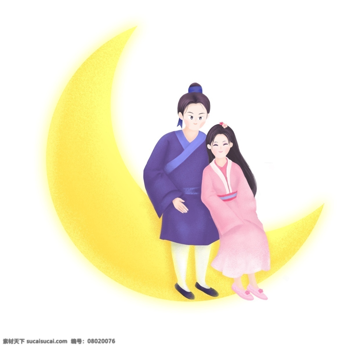 七夕 情人节 牛郎织女 相会 卡通 手绘 原创 插画 浪漫 月亮 拥抱 依偎 古装 77