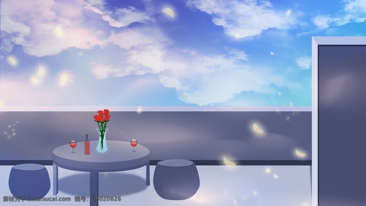 浪漫 天台 约会 场景 广告 背景 阳台 清新 花瓶 玫瑰花 阳光 广告背景 手绘 云雾
