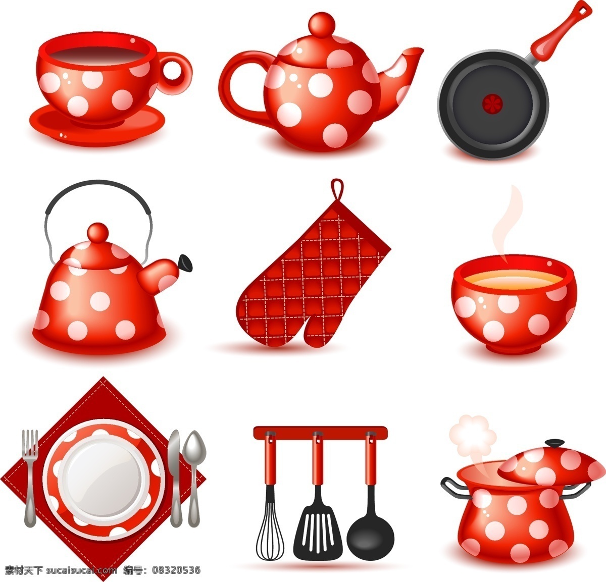 可爱 厨房用具 茶 矢量 杯 餐具 茶壶 茶叶 厨房 锅 盘 甜点 绝缘手套 口布