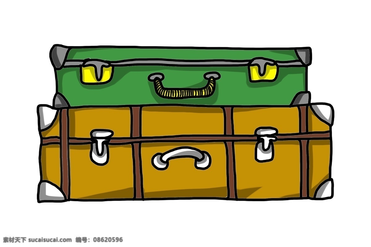 手绘 卡通 行李箱 插画 旅行箱 手绘行李箱 卡通箱子 旅游 旅行 绿色的行李箱 黄色的行李箱 大行李箱插画