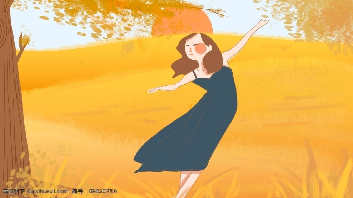 二十四节气 之秋 分 金黄色 小麦 跳舞 少女 秋分 传统节气