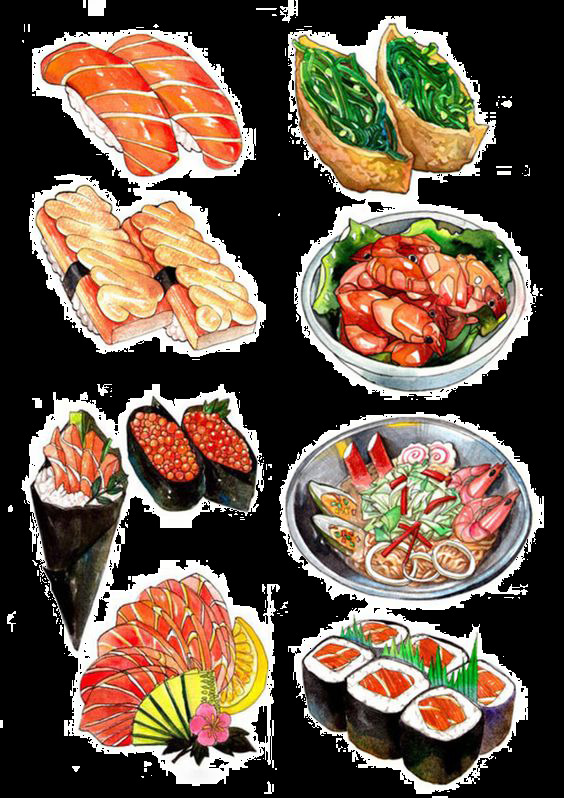 清新 手绘 寿司 料理 美食 装饰 元素 刺身 日本美食 日式料理 手握寿司 装饰元素
