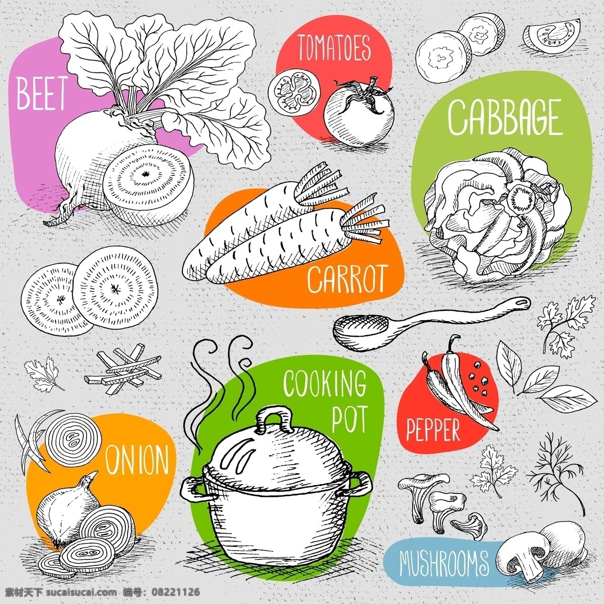 手绘 各种 蔬菜 插画 线条 萝卜 西红柿 花菜 辣椒 蘑菇