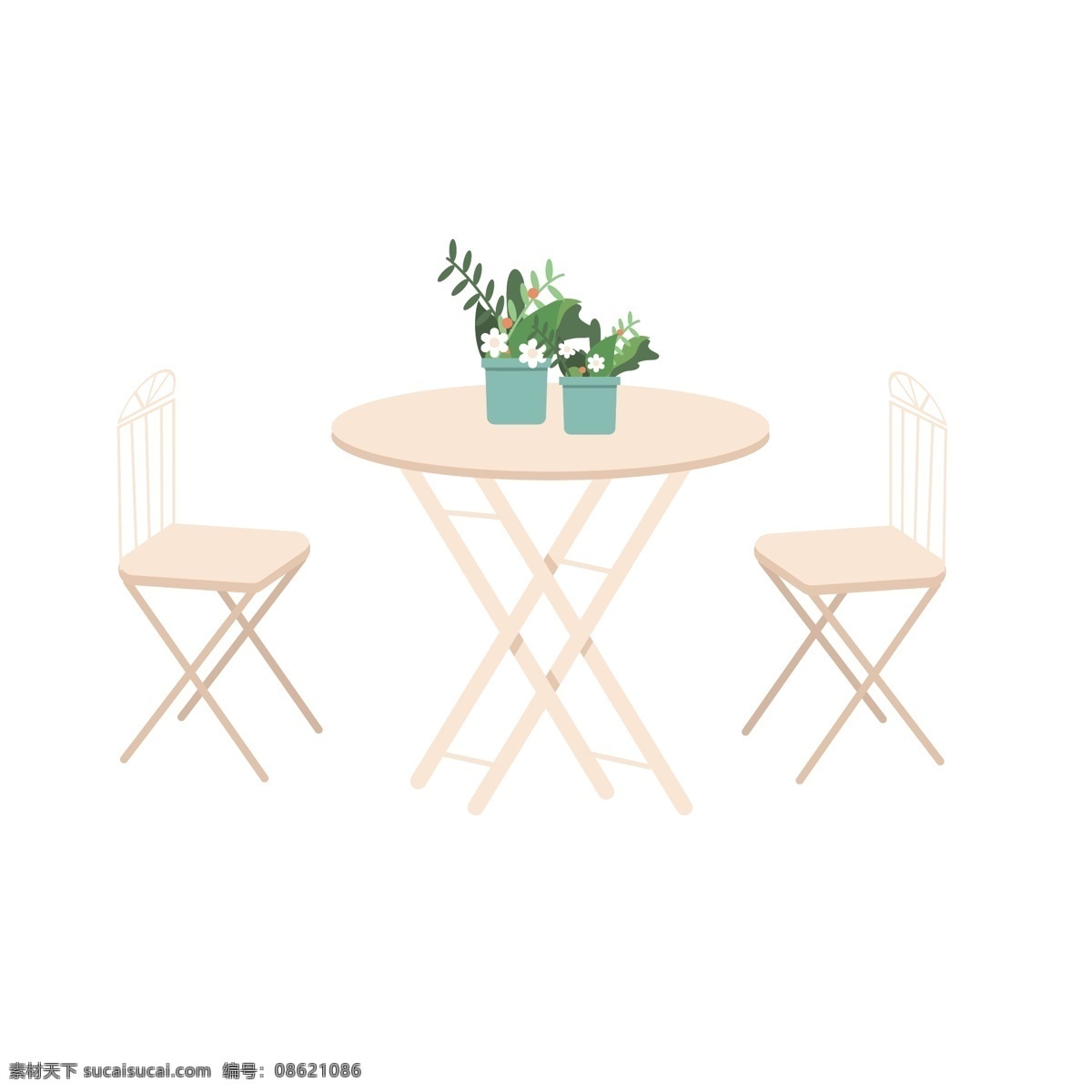 手绘 卡通 漂亮 桌椅 卡通椅子 卡通桌子 植物 花瓶 餐饮 店铺 下午茶 喝下午茶 休闲时光