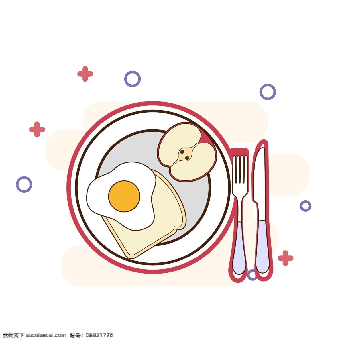 原创 矢量 卡通 早餐 商用 美食 食物 苹果 吐司 鸡蛋 刀叉 餐具