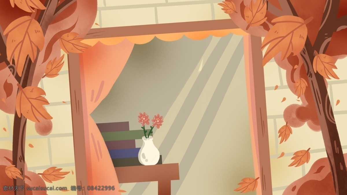 浪漫 房屋 广告 背景 清新 秋季 花瓶 桌子 书本 广告背景 复古 枯叶