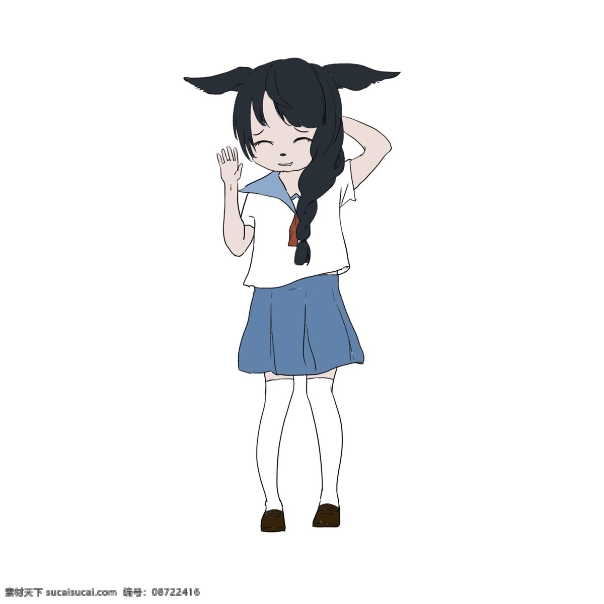 手绘 卡通 青少年 女孩 长发 美丽 蓝色 白色 挥手 眯眼 微笑 开心 耳朵 学生 少年