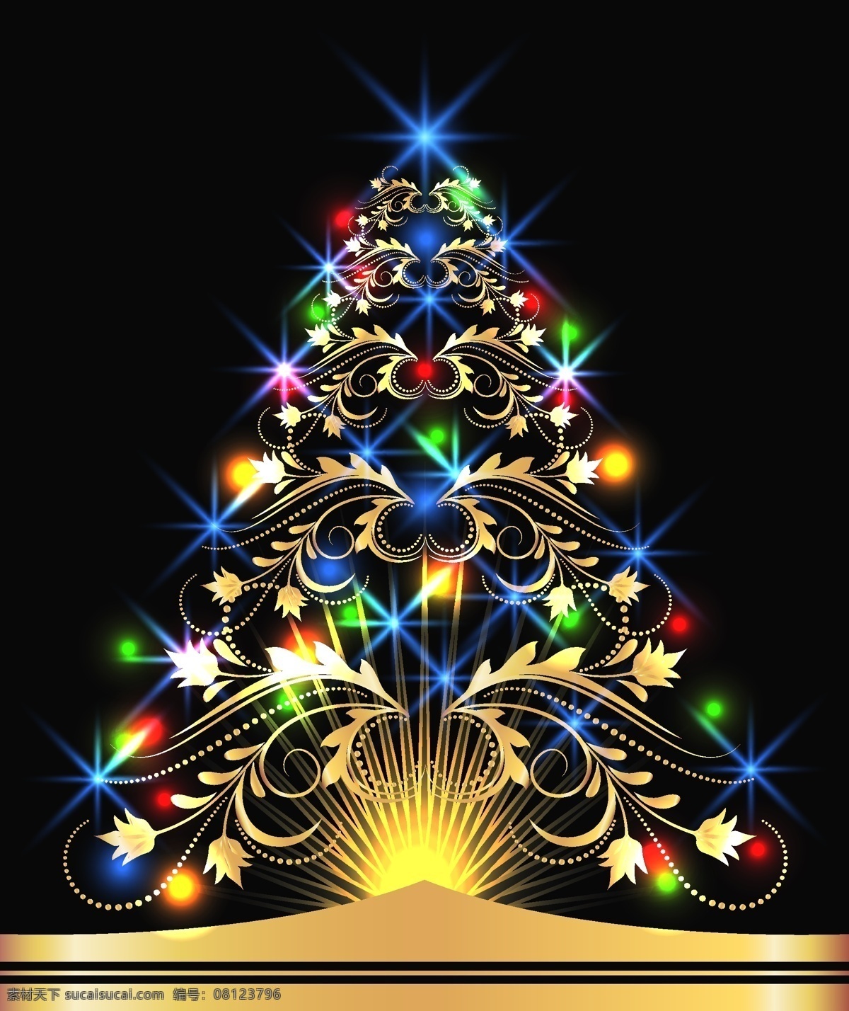 矢量 华丽 炫彩 圣诞树 彩色 璀璨 灯光 金色 圣诞 节日素材 其他节日