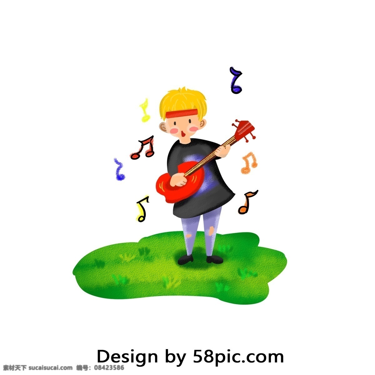 手绘 卡通 可爱 人物 抱 吉他 唱歌 音乐 黄色 绿色 男孩 矢量 装饰图案 音符 草地