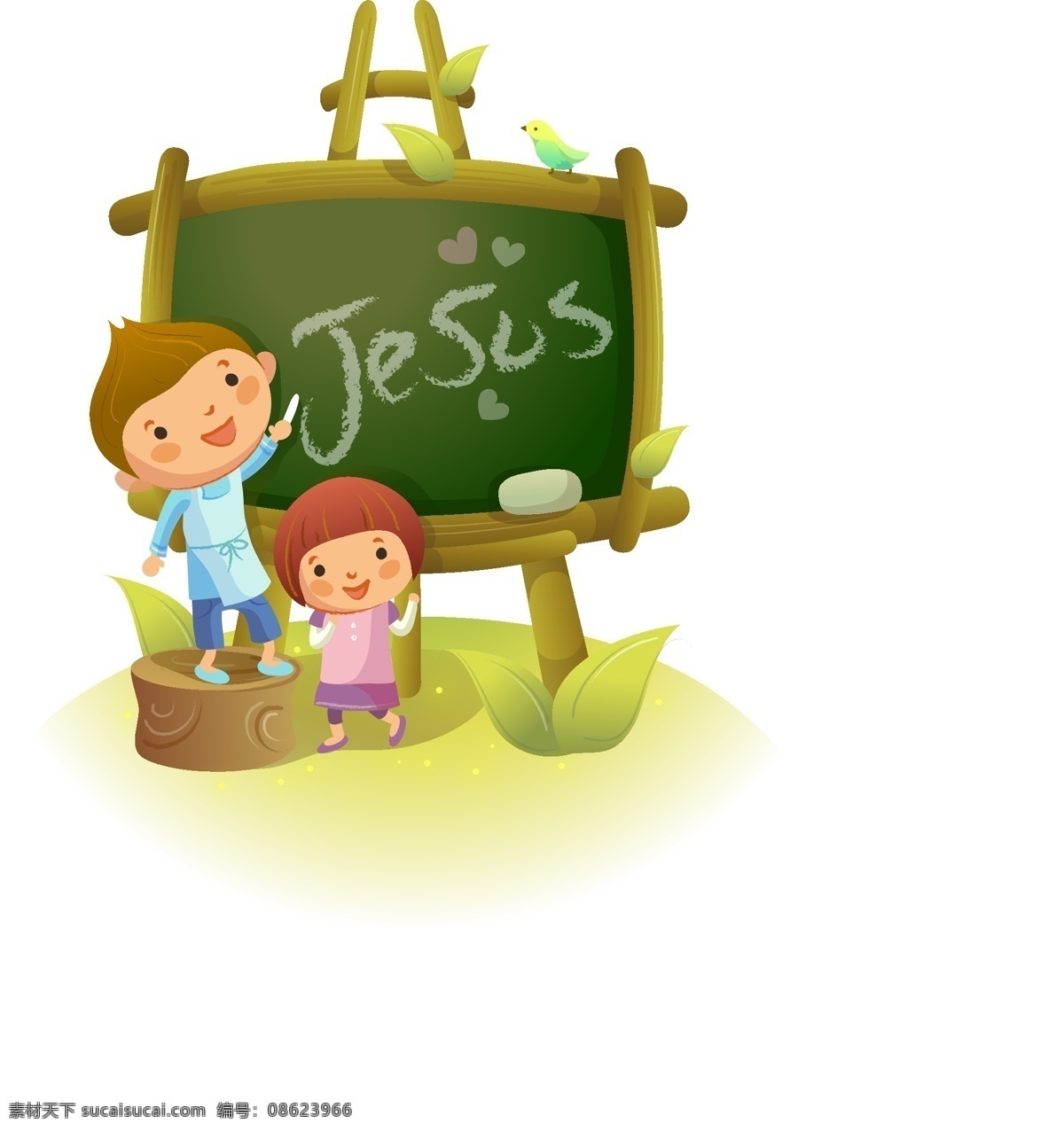 卡通 儿童 学习 创意 儿童幼儿 黑板 绿色 男孩 女孩 上课 卡通儿童学习 梯子 树桩 野外 矢量人物 矢量 psd源文件