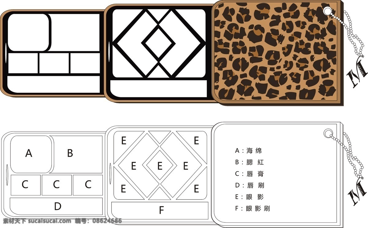 豹纹 眼影 盒 设计图 彩妆 挂件 化妆品设计 钥匙扣 眼影盒 矢量 psd源文件 包装设计