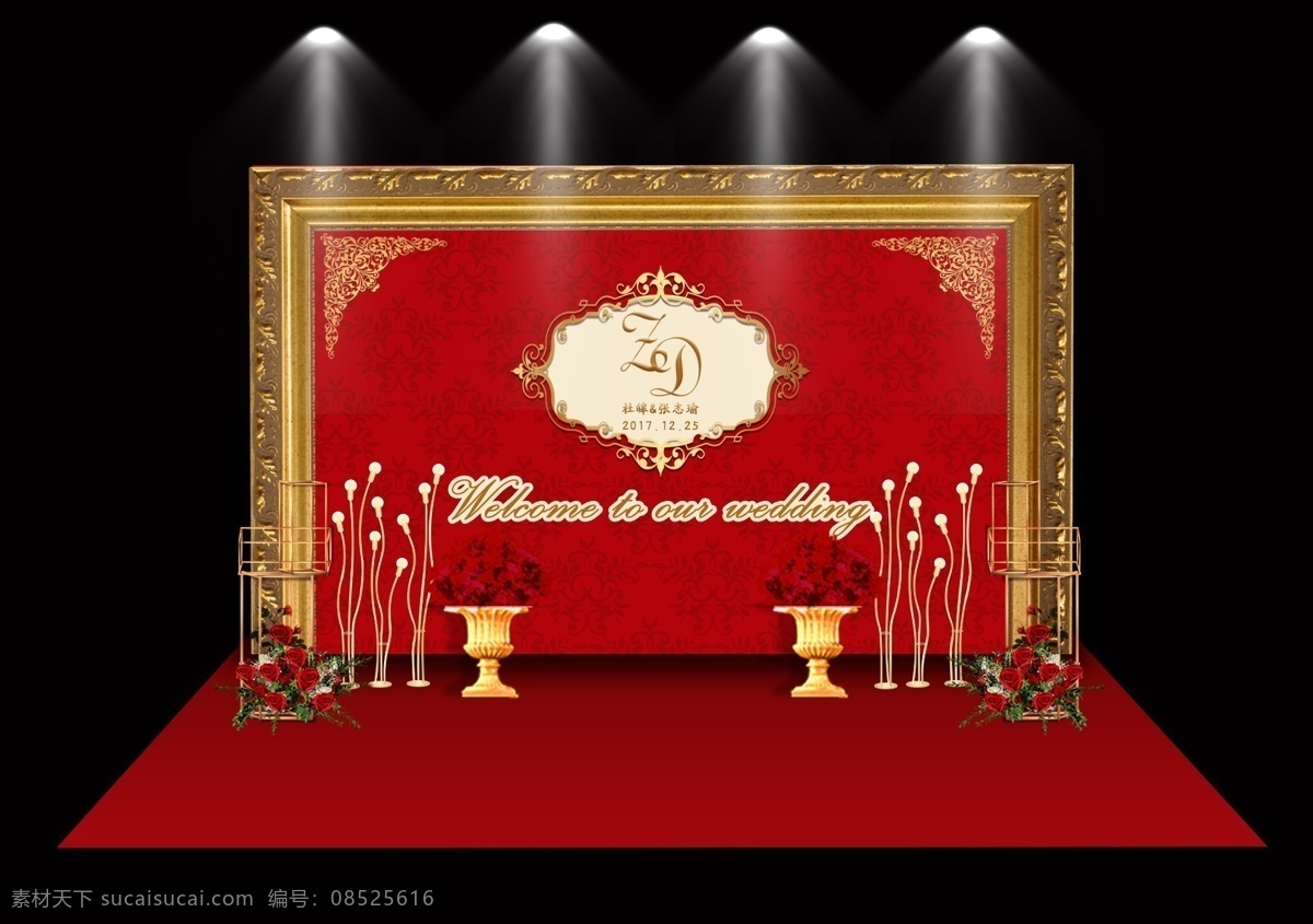 红 金 欧式 婚礼 迎宾 区 效果图 欧式婚礼 简单大气 罗马花柱 金色相框背景 龙珠灯 红金主题