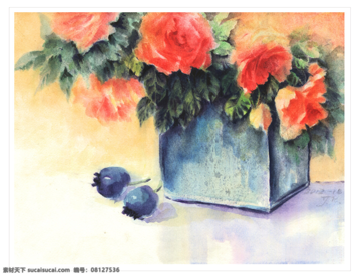 花朵 花卉 花纹 绘画书法 蓝莓 玫瑰 玫瑰花 原创 水彩画 设计素材 模板下载 文化艺术