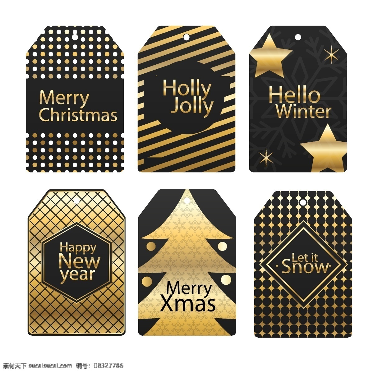 时尚 创意 圣诞节 标签 矢量素材 金色 圣诞树 星星