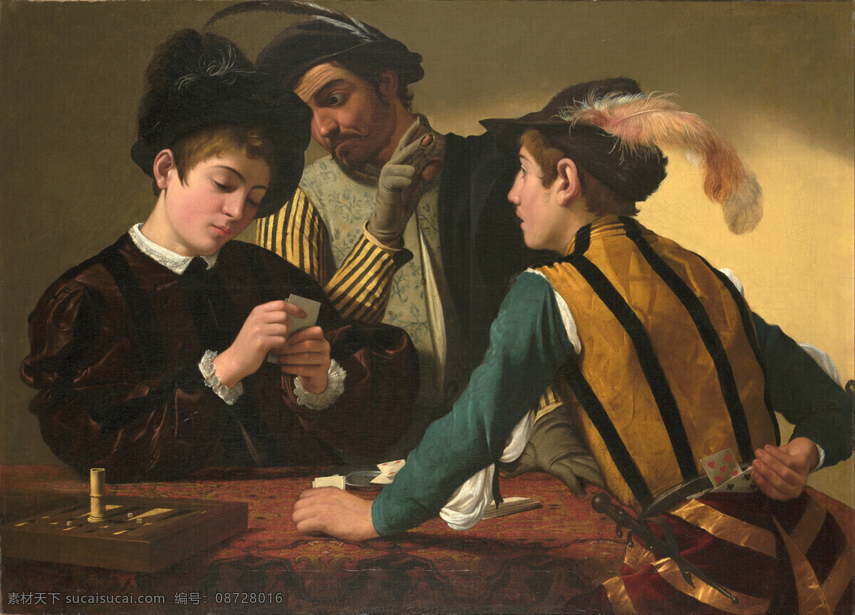 纸牌游戏 绘画书法 卡拉瓦乔作品 文化艺术 油画 意大利画家 三个成人男子 19世纪油画 装饰素材
