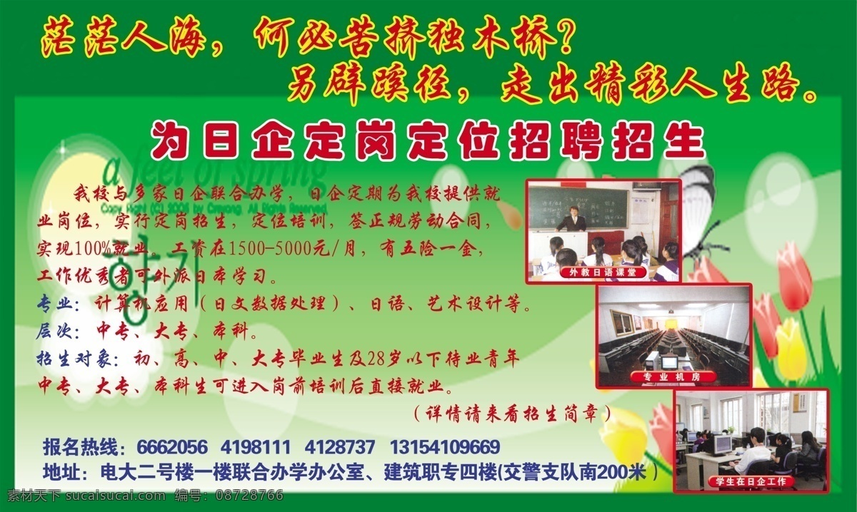 分层 蝴蝶 绿色背景图片 源文件 招生 美丽花朵 小气泡 课堂照片 机房照片 工作照片 招生对象 展板 学校展板设计