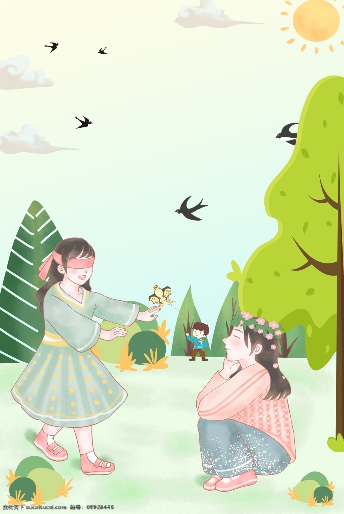 清新 立春 郊游 背景 春天 春季 捉迷藏 卡通人物 春游 插画 燕子 太阳