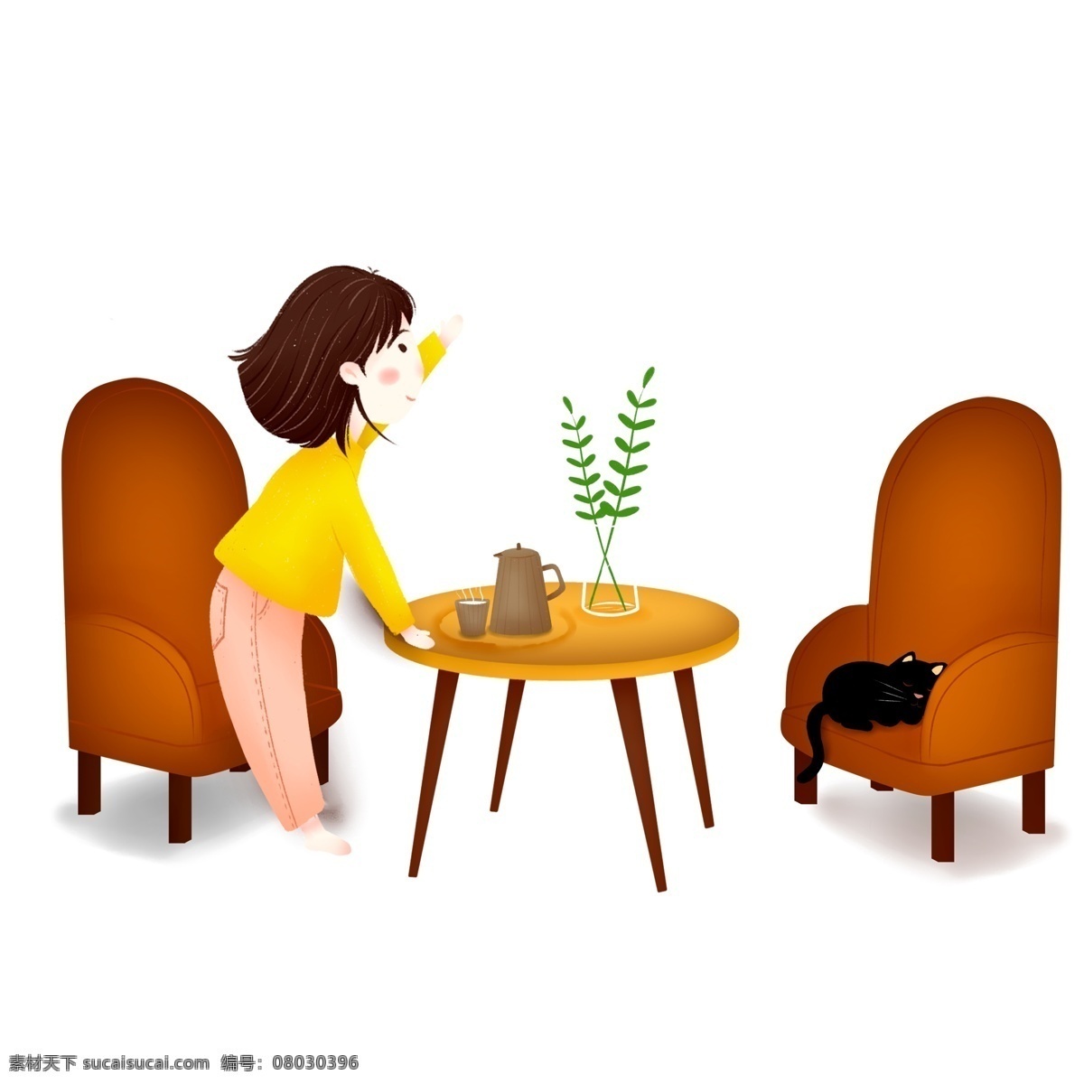 卡通 小 清新 在家 喝茶 女孩 桌子 人物 插画 彩绘 少女 椅子