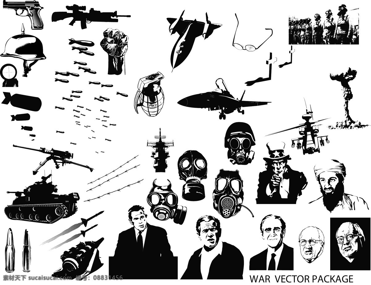 战争武器主题 战争 武器 反战 手榴弹 f sr 71 战斗机 美国标志 突击步枪 坦克 直升机 大炮 防毒面具 现代科技 军事武器 矢量图库