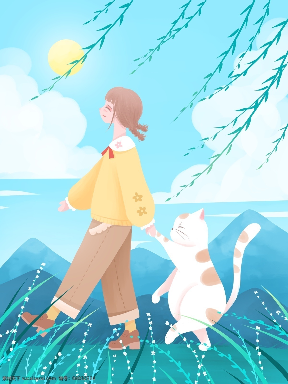 春天 你好 清新 唯美 插画 带 小猫 踏青 女孩 花草 蓝天白云 壁纸 柳树 太阳 治愈 猫 郊游 背景 日签