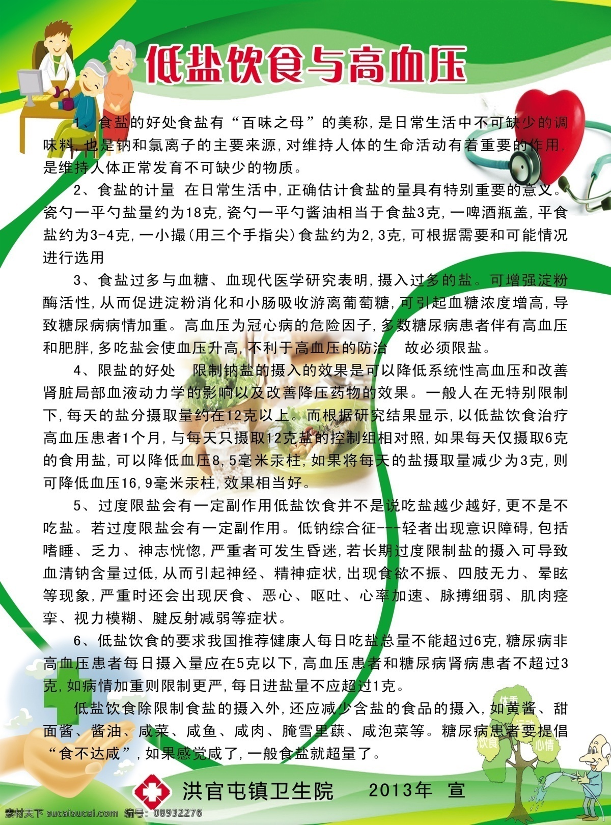 养生海报 低盐饮食 高血压 食盐的好处 限盐的好处 卡通人物 卡通医生 十字标志 卡通手势 展板背景