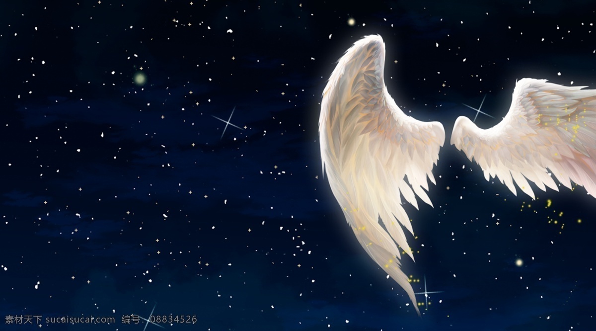 唯美 手绘 天空 翅膀 插画 背景 背景素材 天空背景 蓝色夜晚 背景展板 彩色背景 清新背景