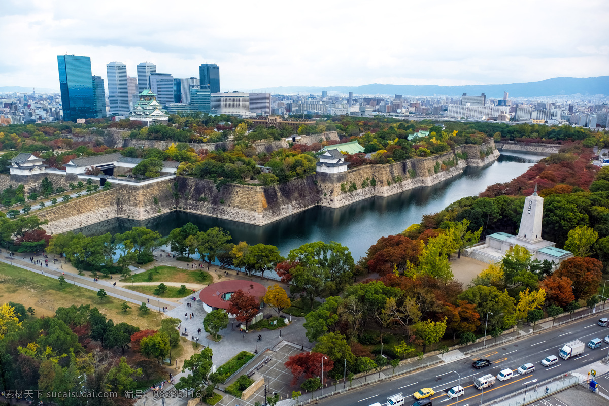 航拍 日本 大阪 城 全景 大阪城 天守阁 视角 日式 建筑 城堡 城垣 秋天 古代 战国 历史 世界 遗产 建筑园林 园林建筑
