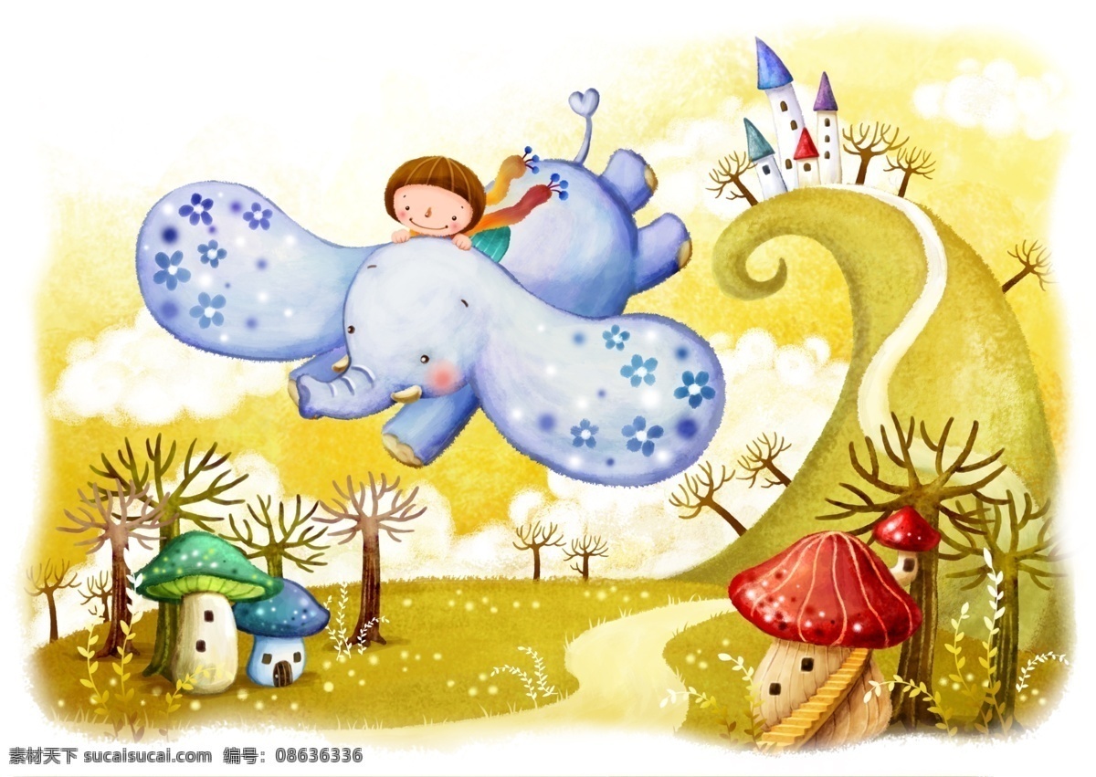 草地 上 蘑菇 房子 小飞 象 psd素材 插画 树木 小路 小飞象 蘑菇房屋 psd源文件