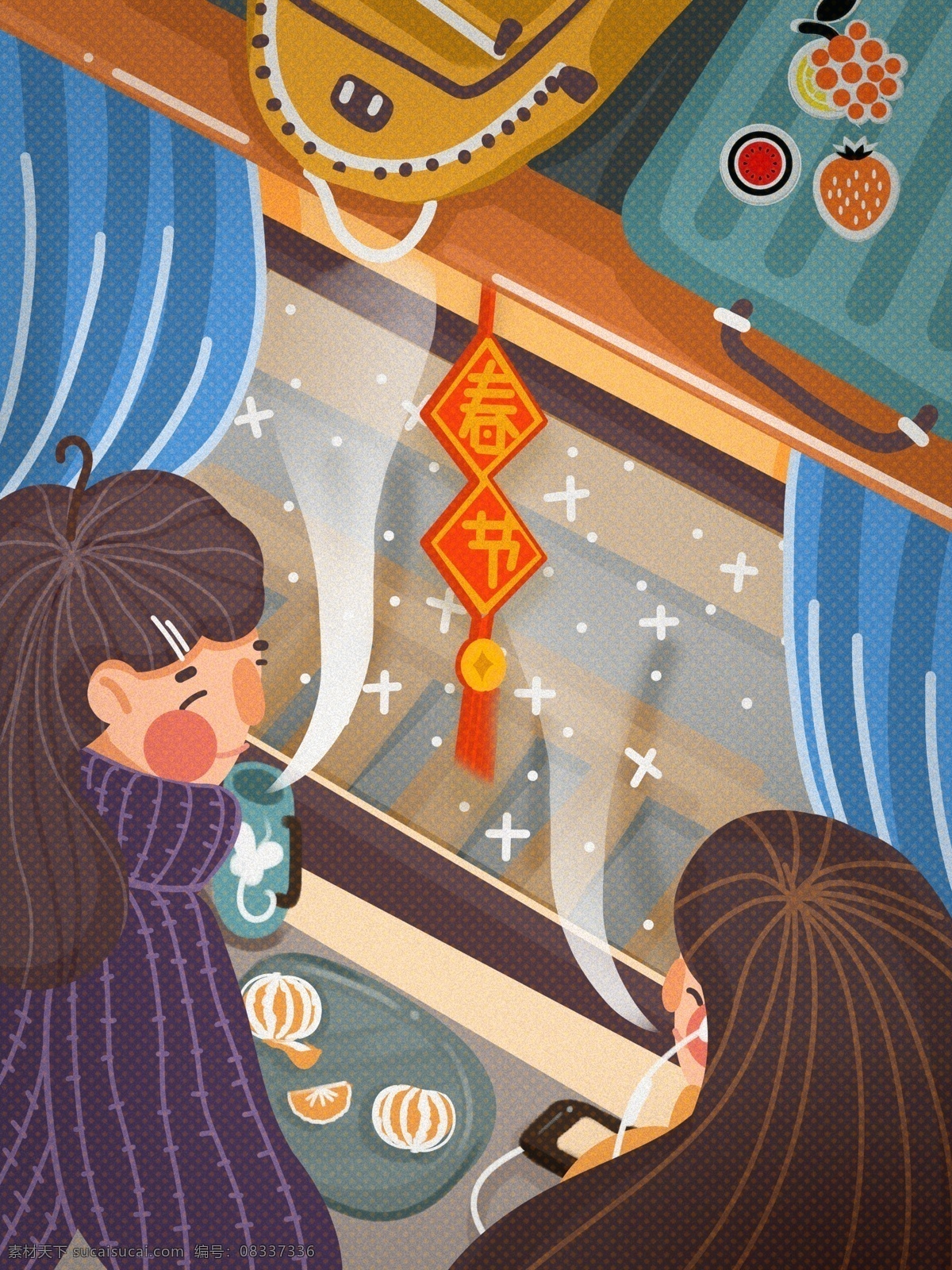 春节 结伴 回家 旅途 中 原创 小 清新 插画 蓝色 手机 微信 可爱 小清新 下雪 开心 朋友 女孩 火车 坐车 车厢 归家 返乡 行李 书包 行李架 窗帘 橘子 水杯 寒冷 温暖 黄色 配图 朋友圈 微博 公众号 车窗 肌理