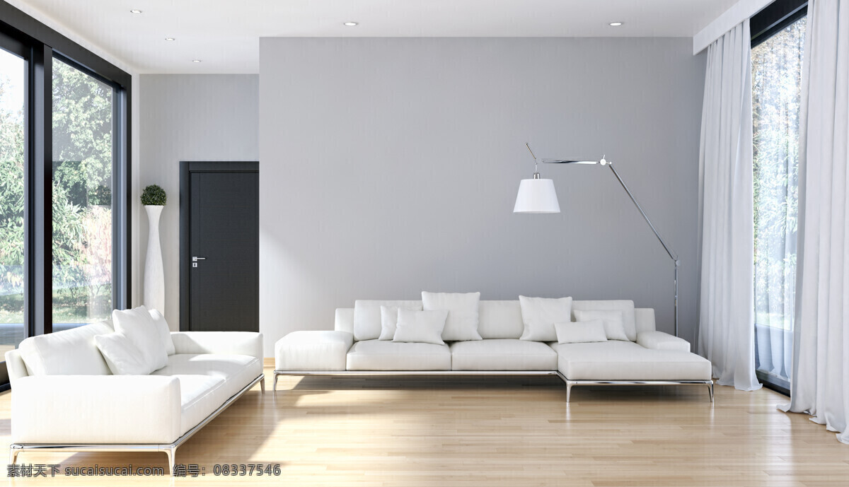 白色 沙发 客厅 效果图 落地灯 木地板 室内装修 室内装修设计 室内装潢 室内设计 环境家居 灰色