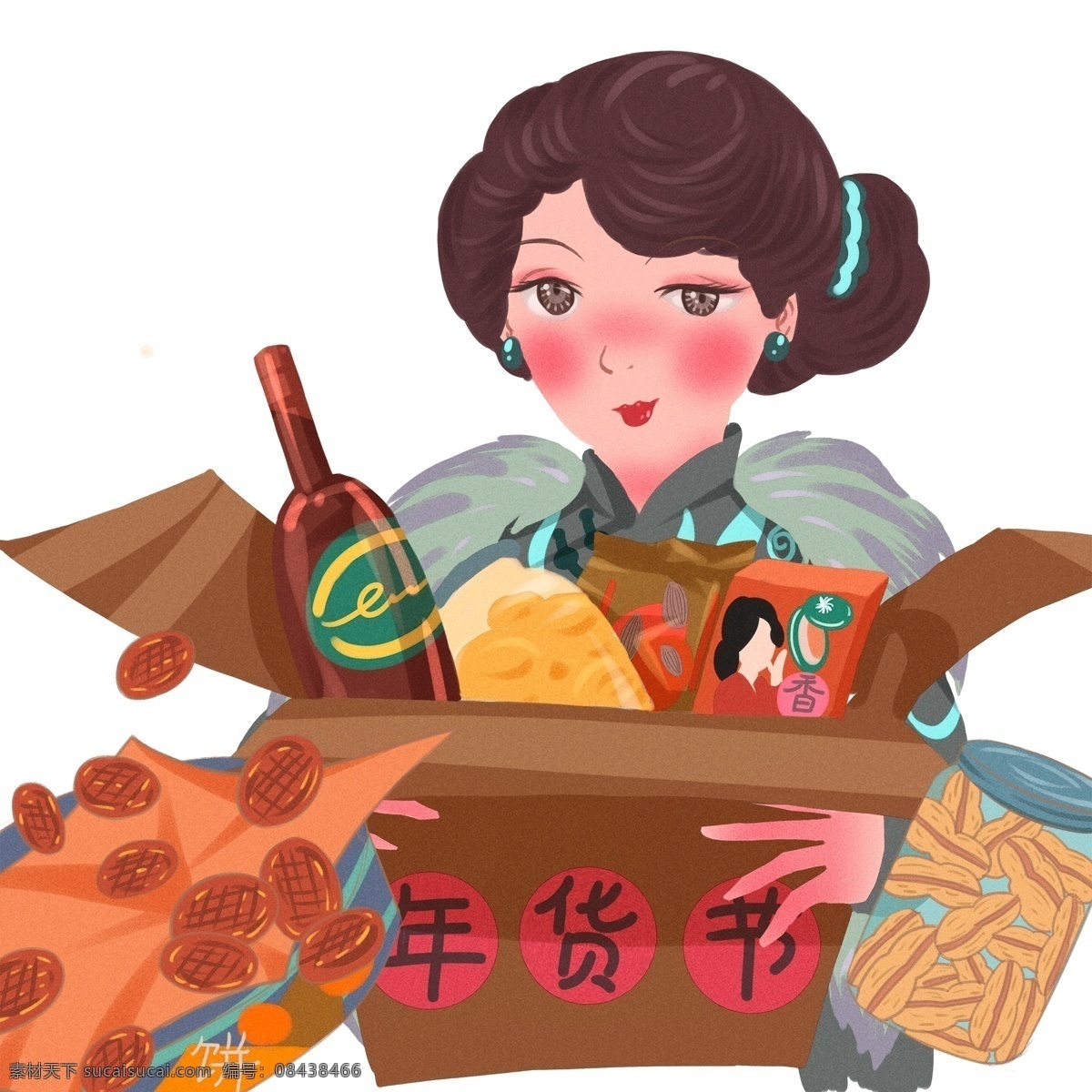 手绘 年货 节 购物 复古 女人 插画 年货节 女孩 民国风