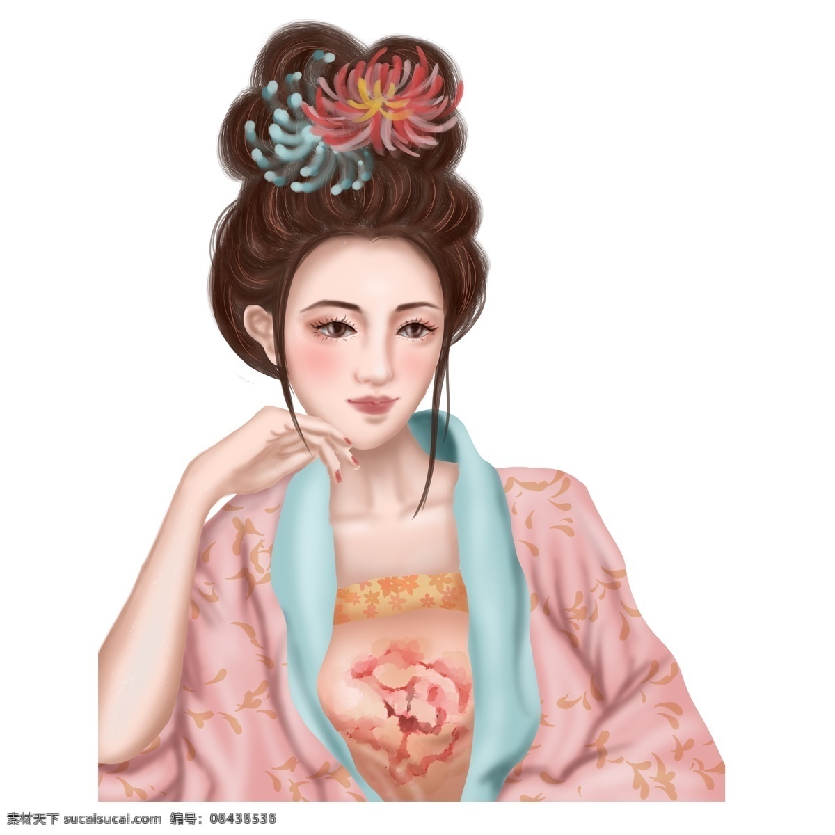 带 花 古代 美女 人物 插画 古典 卡通 古风元素 人物素材 汉服 元素设计