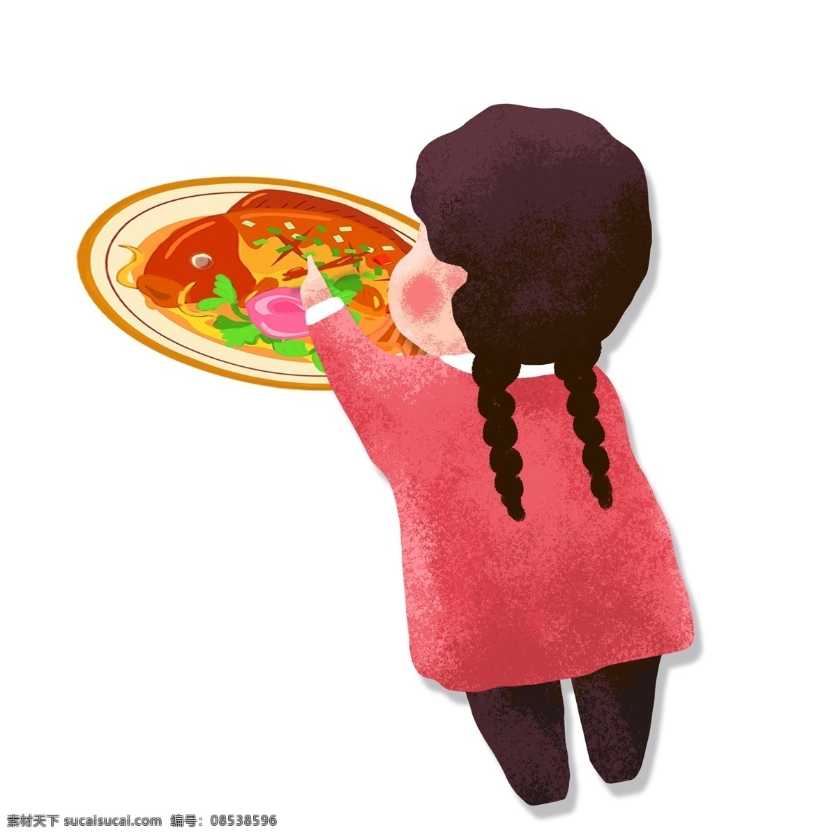 筷子 夹 鱼 小女孩 卡通 插画 女孩 吃东西 美食 手绘 一盘鱼