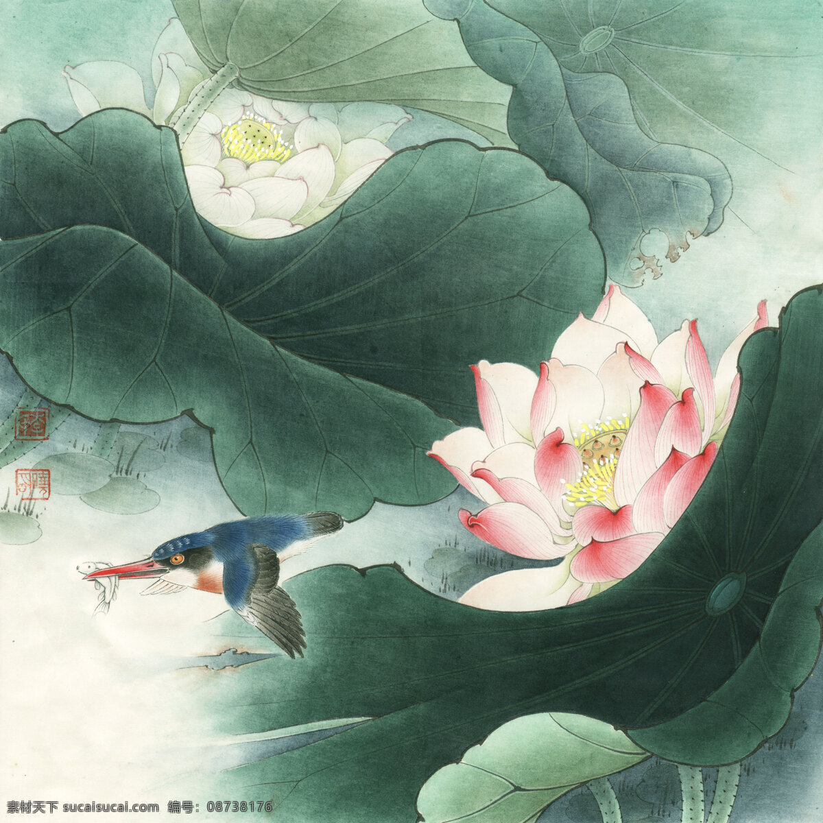 绿翠红荷 花鸟画 设计素材 花鸟画篇 中国画篇 书画美术 白色