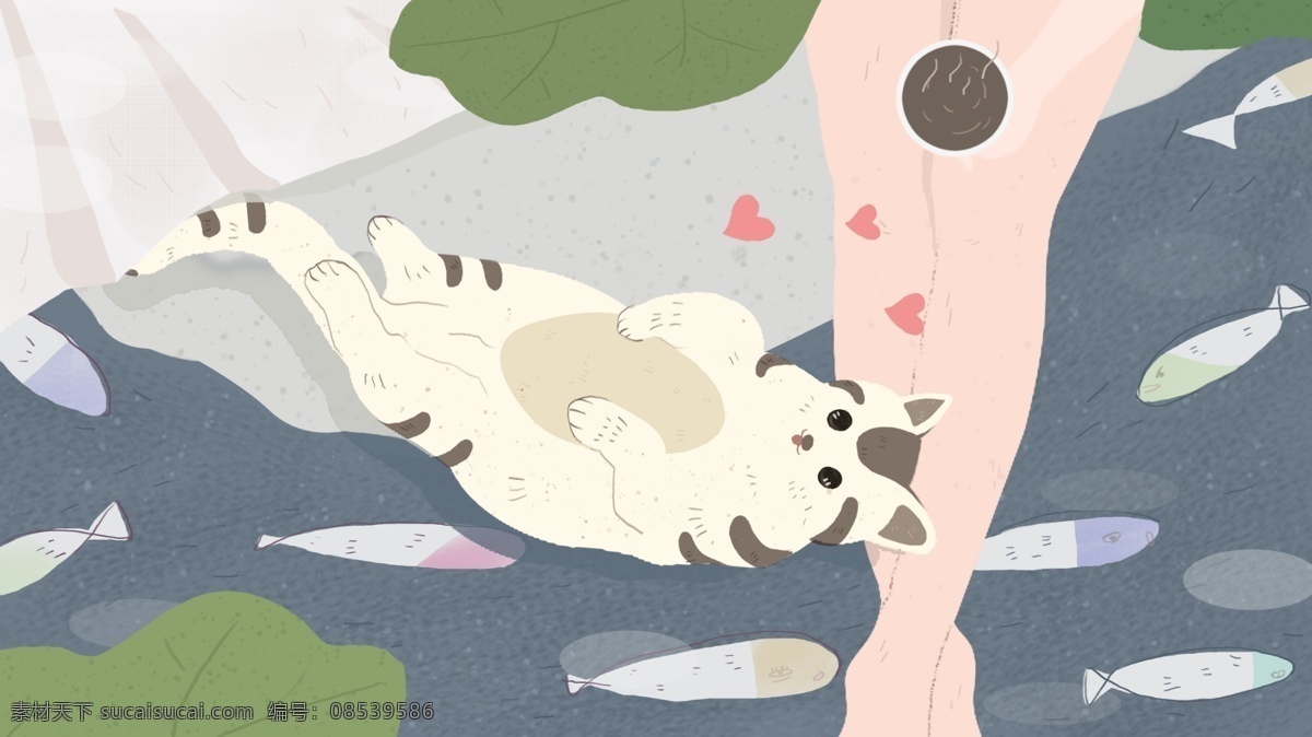 可爱 萌 宠 猫咪 女孩 午后 悠闲 原创 插画 萌宠 可爱猫咪 鱼 猫插画