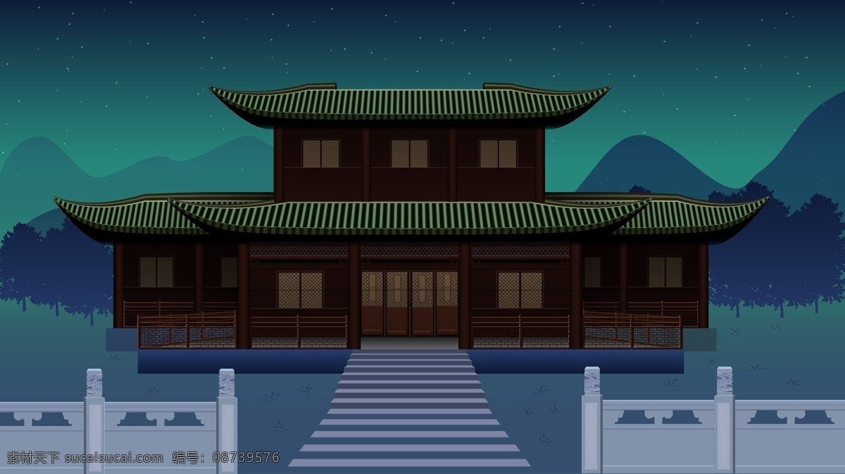 古风 建筑 极光 夜晚 景色 矢量 插画 阶梯 楼阁 木质 文化遗产 矢量插画 古风建筑 极光夜晚 石栏 绿瓦 深夜 林涧 手绘