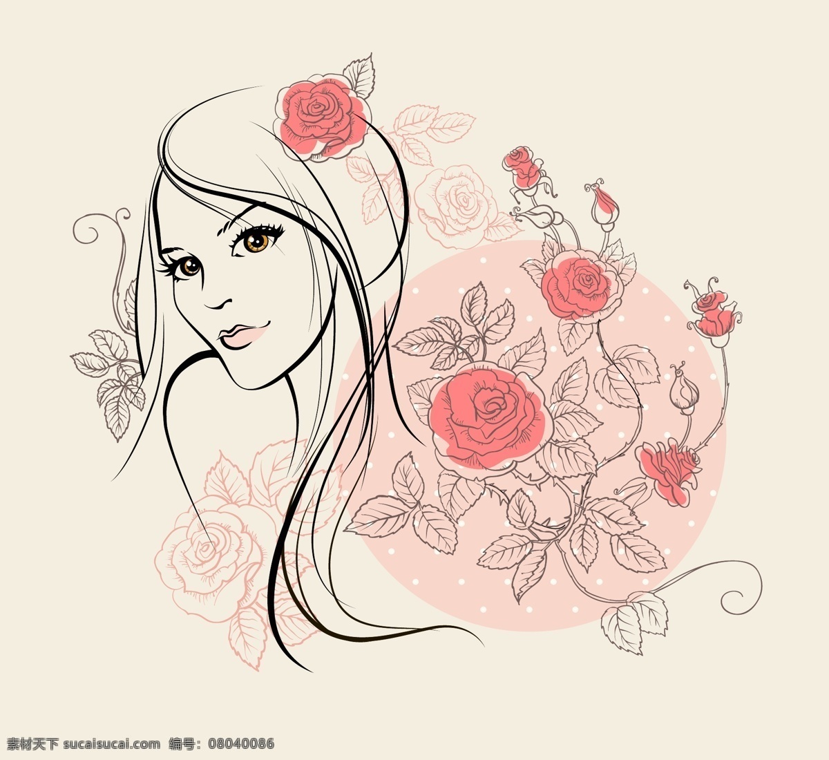 玫瑰花 女郎 矢量 彩绘 插画 花朵 花纹 女子 矢量图 矢量人物