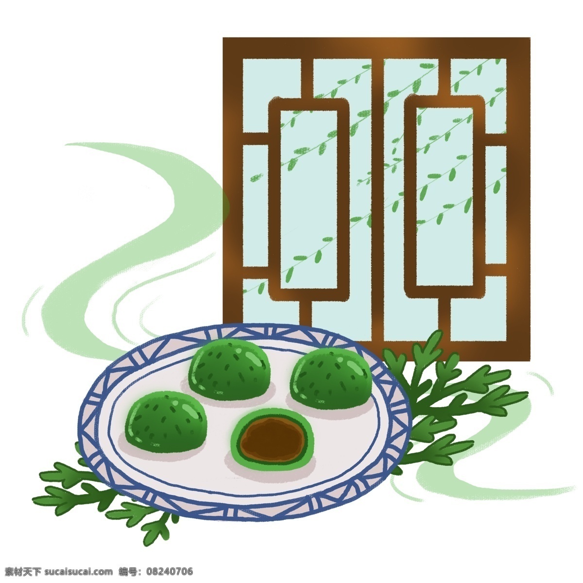 清明节 青团 一盘 盘子 窗户 柳枝 艾草 电商用图 电脑用图 公众号用图 绿色 清新