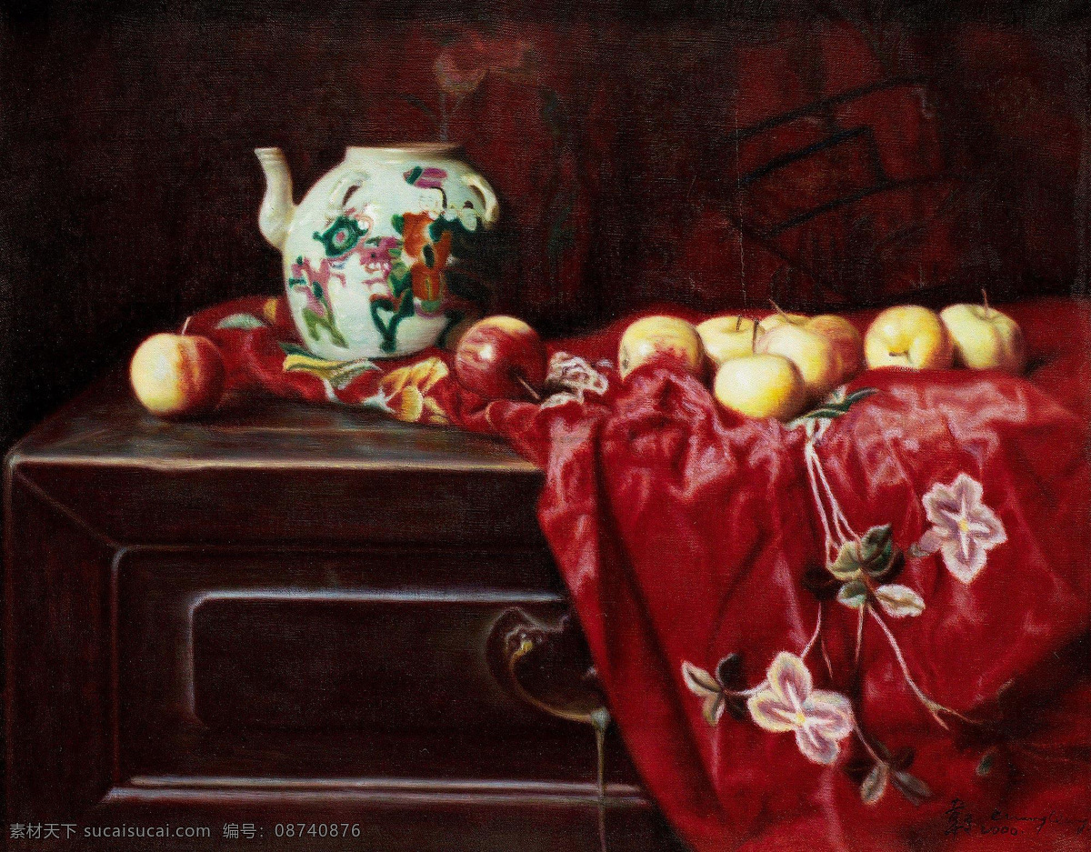 油画 花布 绘画书法 苹果 水果 文化艺术 油画设计 陶瓷水壶 木桌子 家居装饰素材
