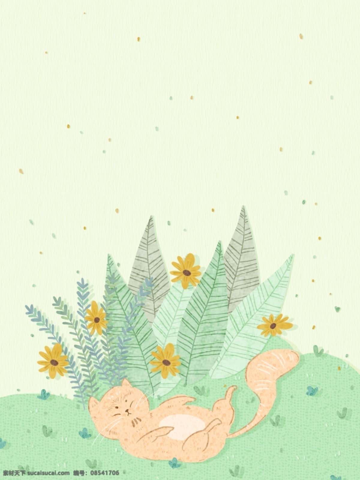 手绘 猫咪 可爱 插画 广告 背景 卡通 剪纸 纹理 纸质 绿