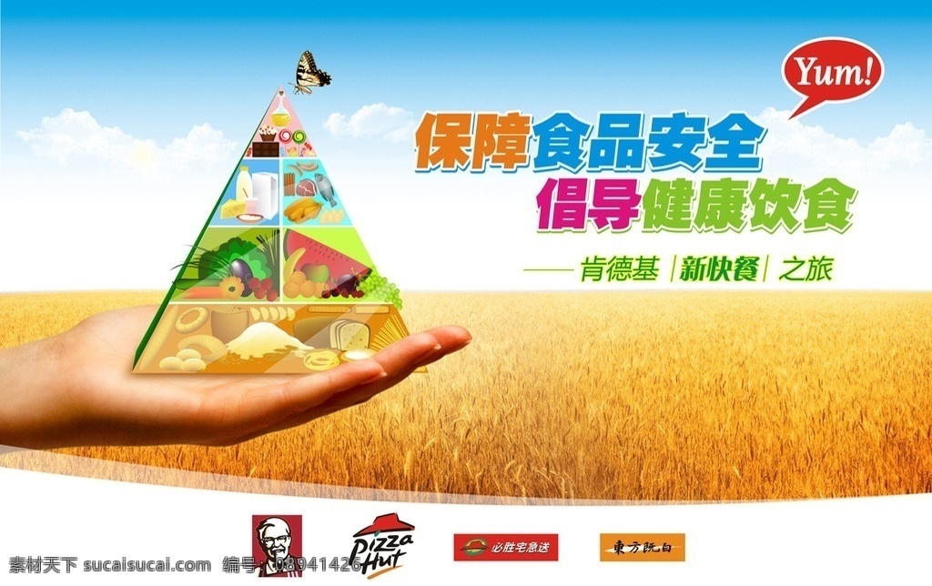 健康食品 海报 健康 食品 食物金字塔 营养 安全 蓝天 小麦 手 蝴蝶 海报类 广告设计模板 源文件