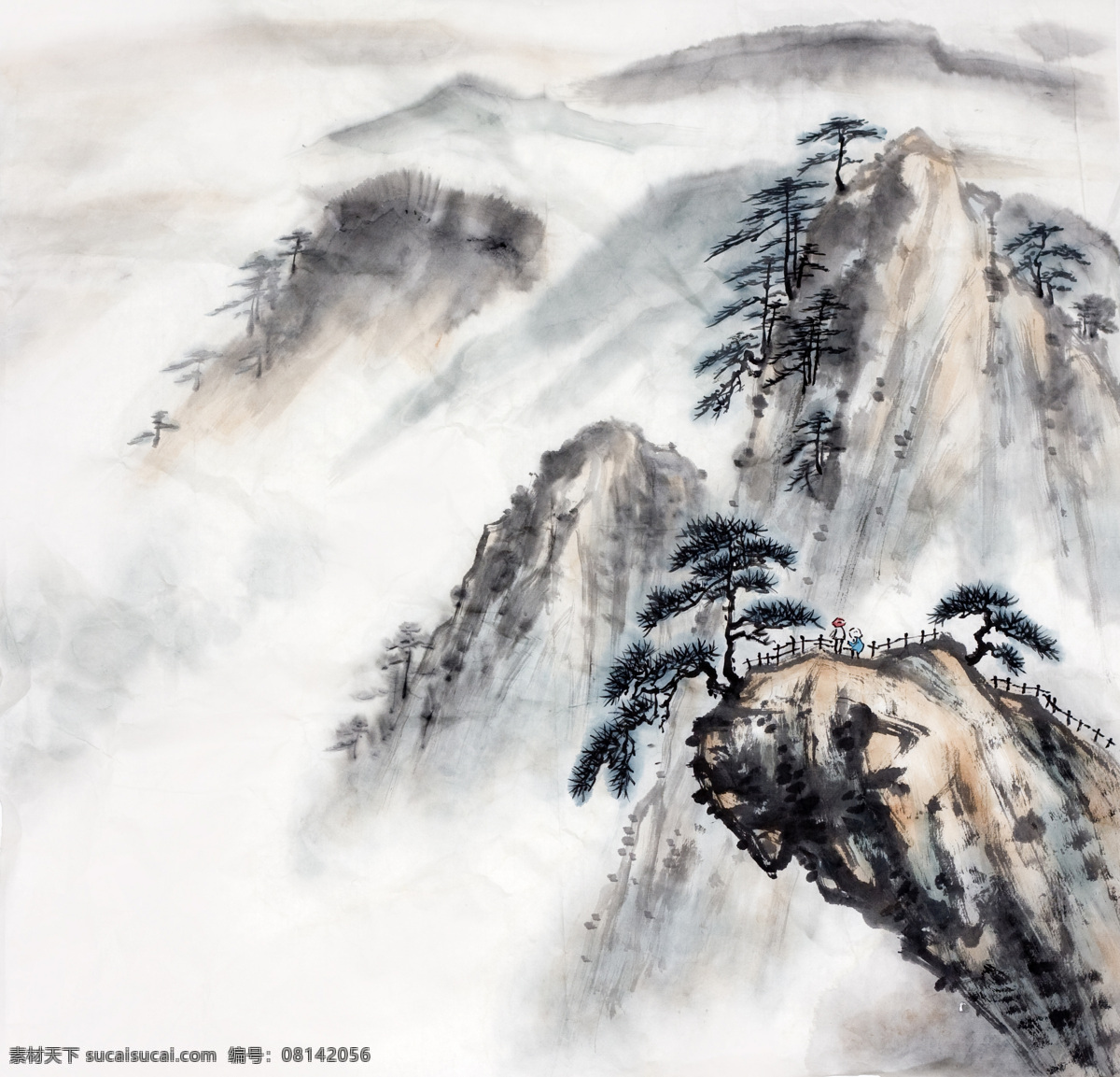 中国山水画 树木 高山 人物 水墨画 山水画 绘画书法 绘画艺术 文化艺术