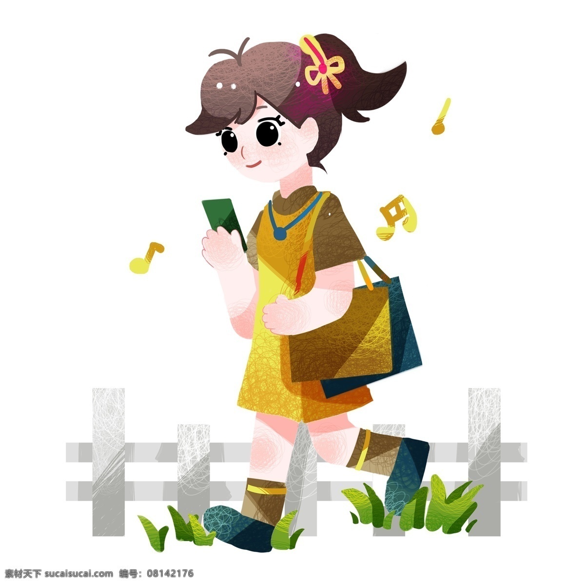 妇女节 走路 小女孩 人物 插画 走路的小女孩 彩色的购物袋 绿色的手机 绿色的叶子 白色的栅栏