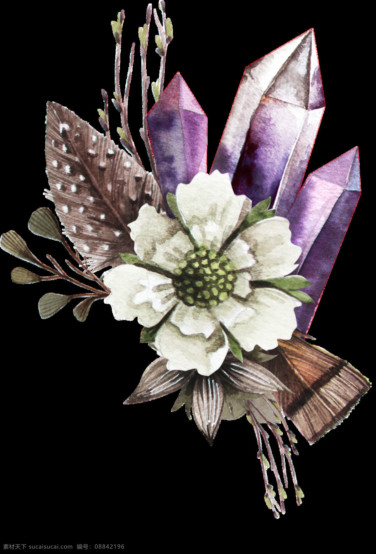 精细 手绘 盛开 花朵 透明 装饰 图案 棕色叶子 紫色水晶 米白花朵 装饰图片 免扣素材