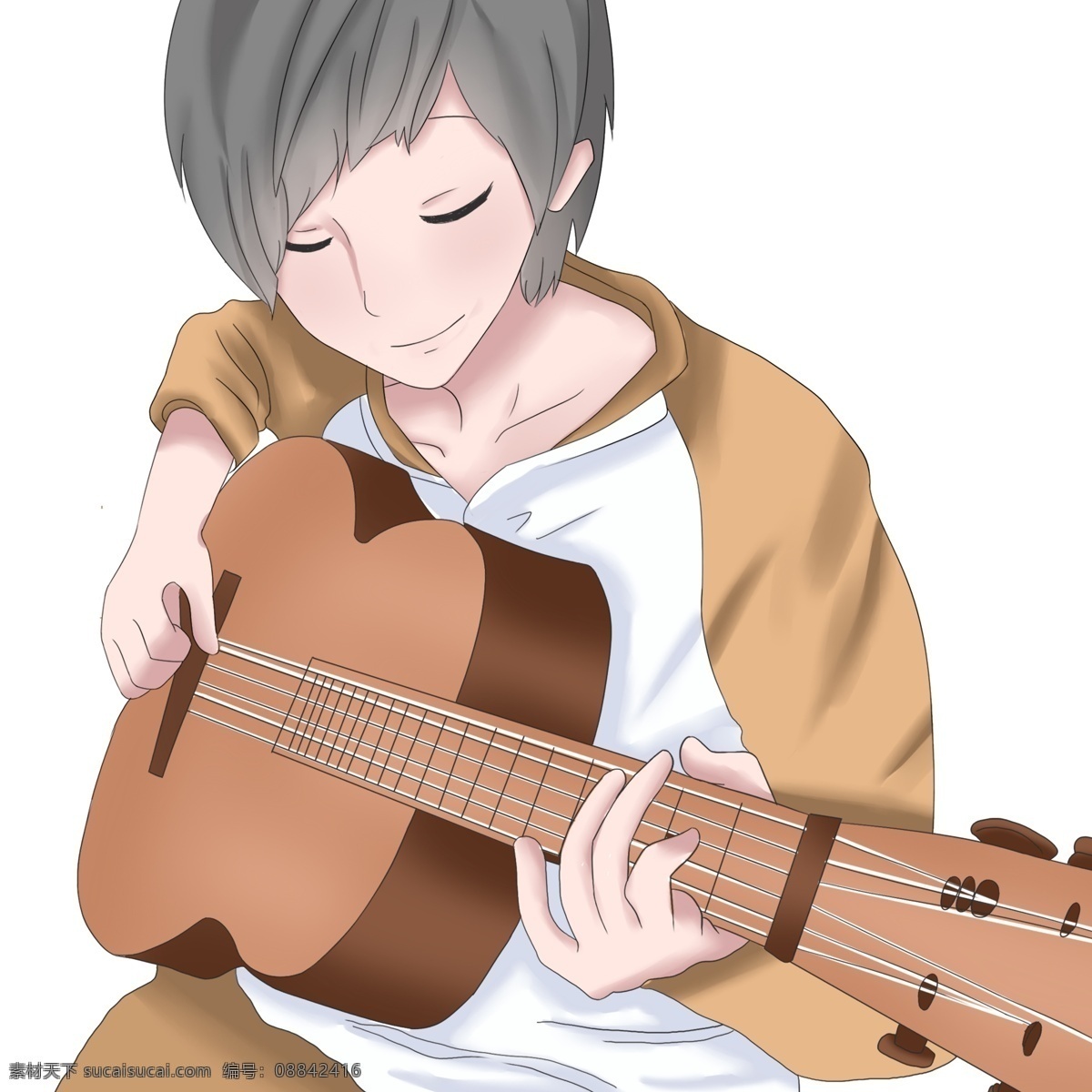 手绘 弹 吉他 少年 漫画 人物 男生 弹吉他 插画