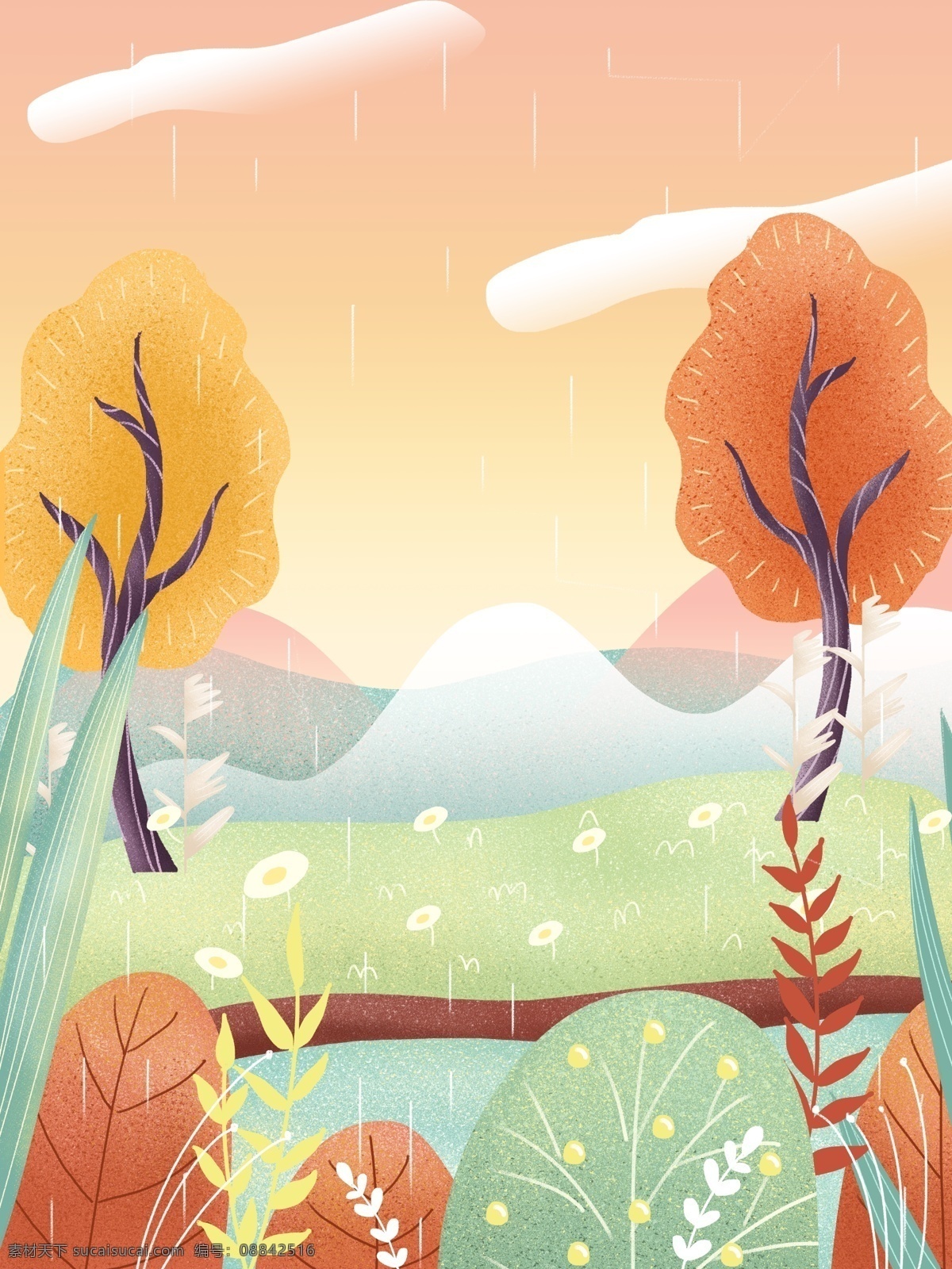 手绘 谷雨 节气 树林 草丛 背景 夏天 大树 花草背景 广告背景 彩绘背景 特邀背景 促销背景 背景展板图 立夏